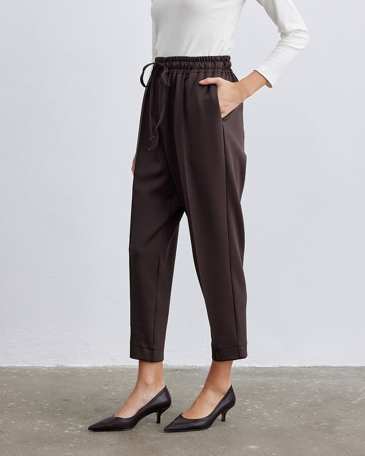 Bitter Brown Scuba Elastic Pocket Carrot Cut Trousers