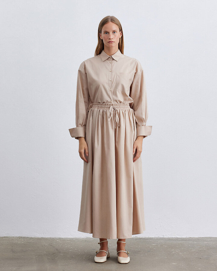 Beige Poplin Drawstring Relax Skirt