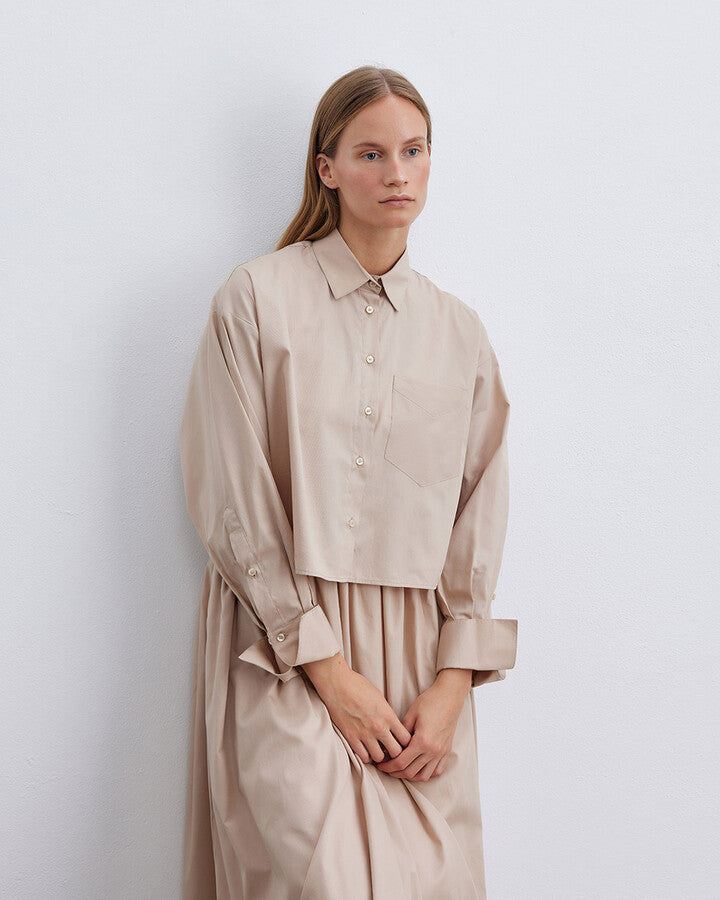 Beige Poplin Short Crop Pocket Shirt