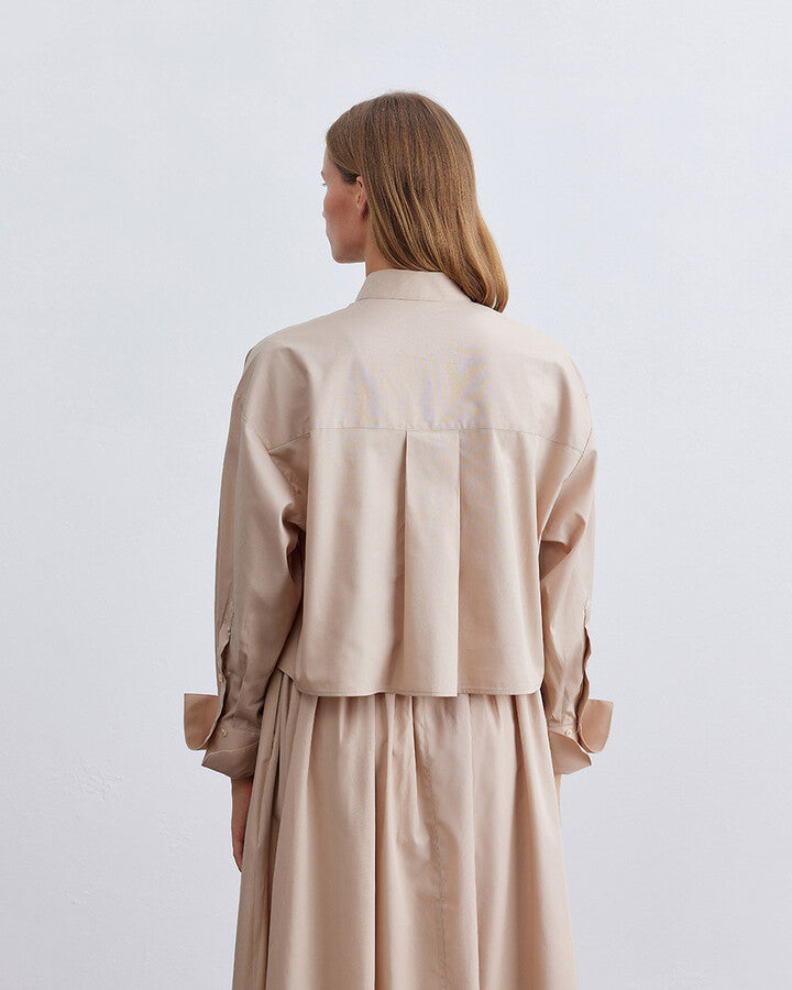 Beige Poplin Short Crop Pocket Shirt