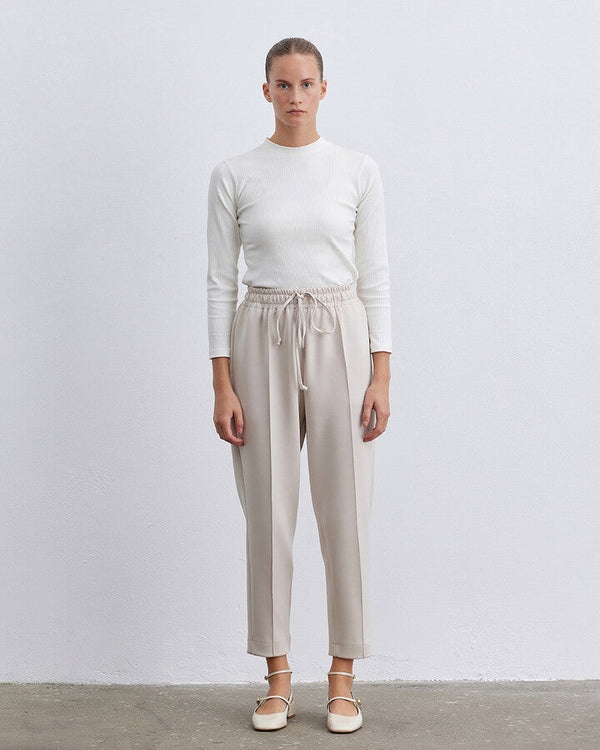 Beige Scuba Elastic Pocket Carrot Cut Trousers