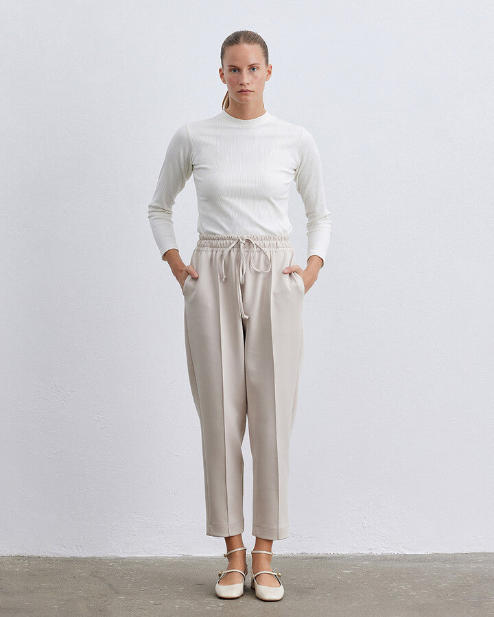 Beige Scuba Elastic Pocket Carrot Cut Trousers