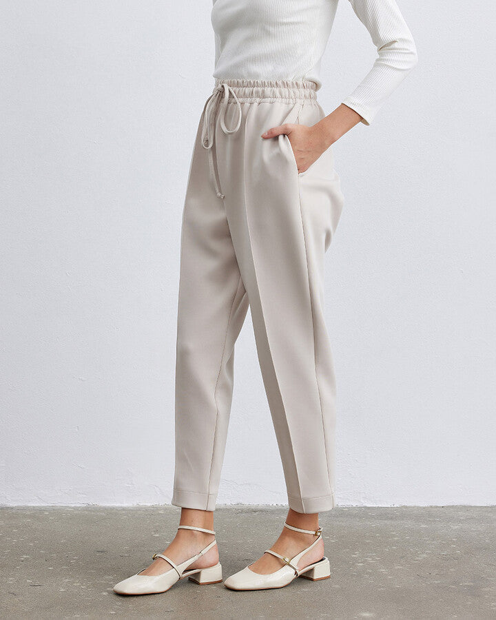 Beige Scuba Elastic Pocket Carrot Cut Trousers