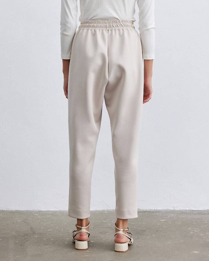 Beige Scuba Elastic Pocket Carrot Cut Trousers