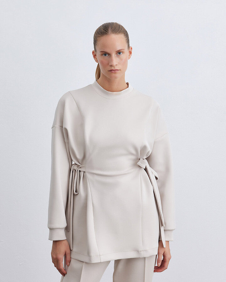 Beige Scuba Side Tie Belt Tunic
