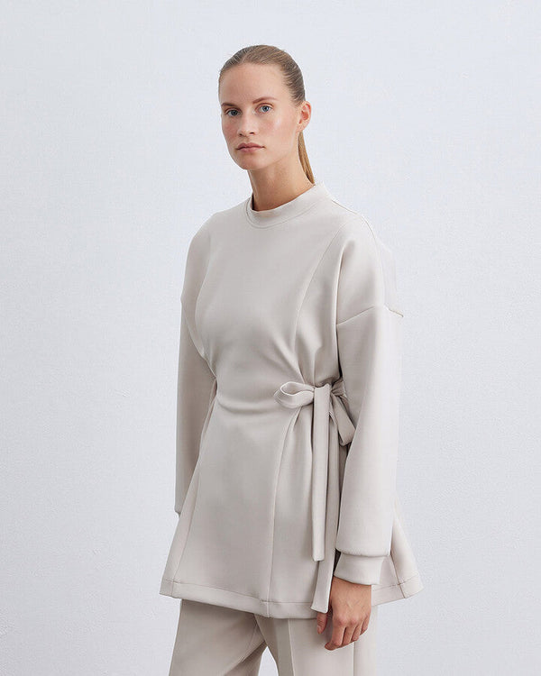 Beige Scuba Side Tie Belt Tunic