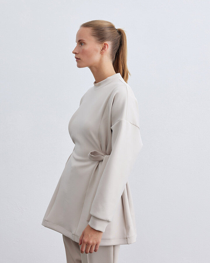Beige Scuba Side Tie Belt Tunic