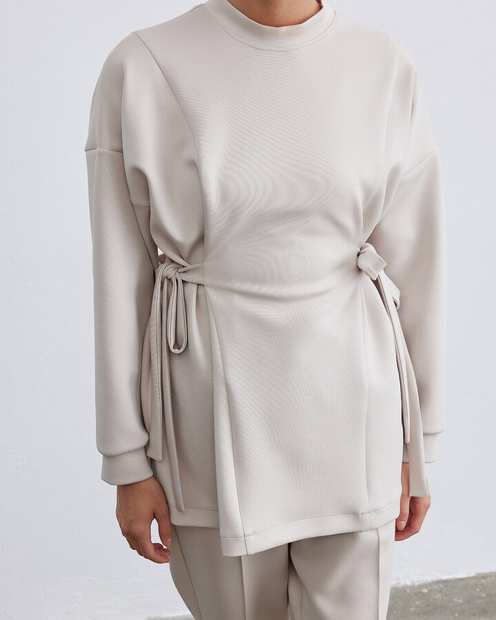 Beige Scuba Side Tie Belt Tunic