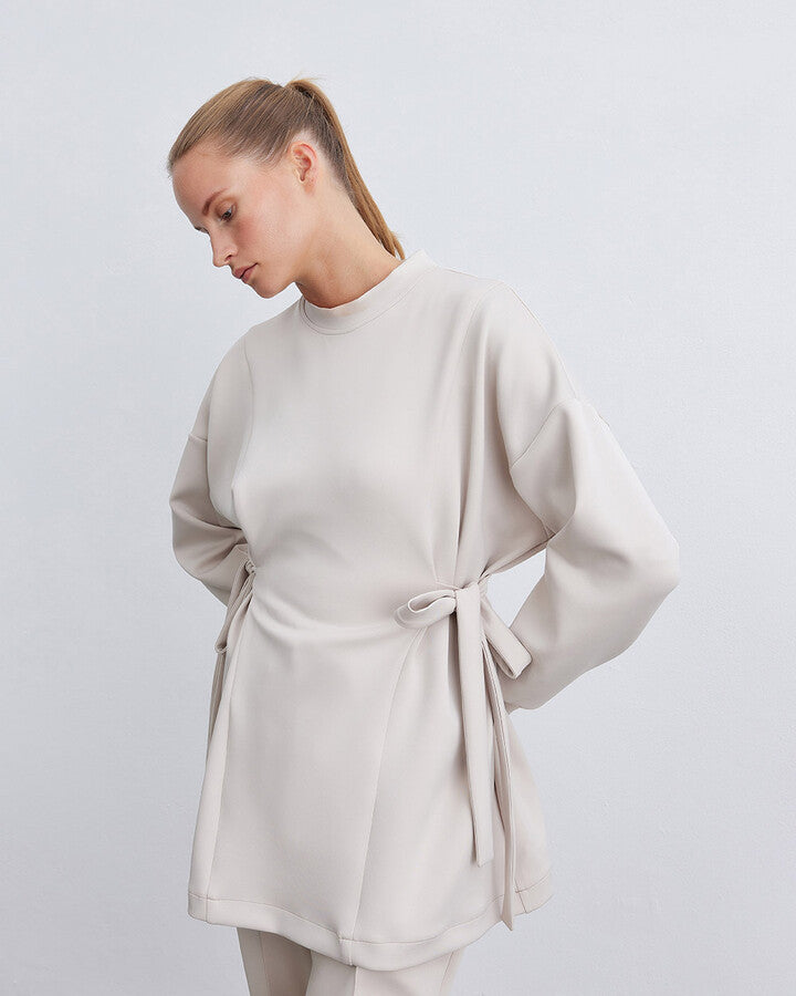 Beige Scuba Side Tie Belt Tunic