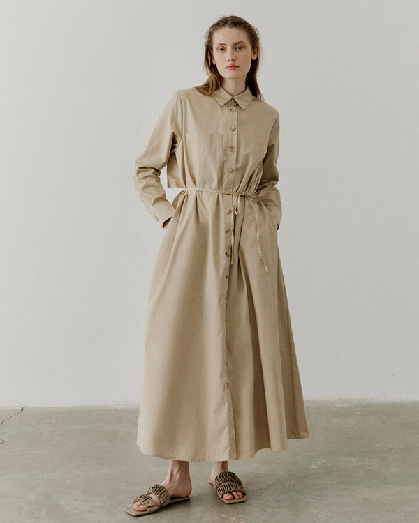 Beige Long Buttoned Shirt Dress