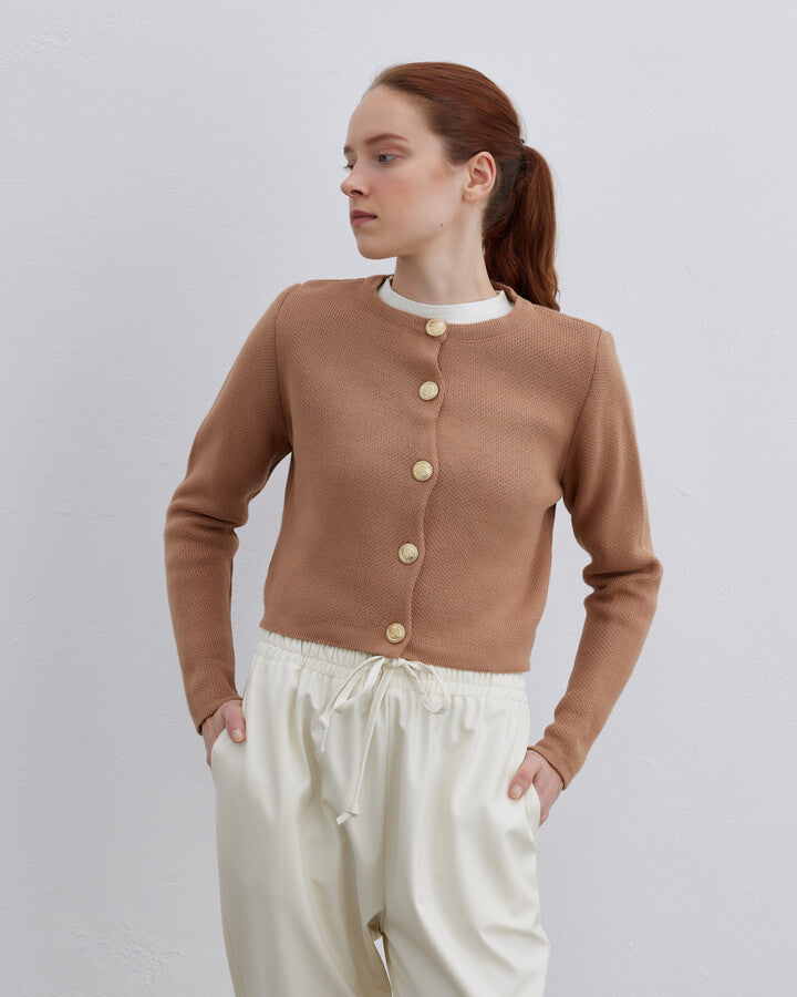 Camel Pique Plain Cardigan