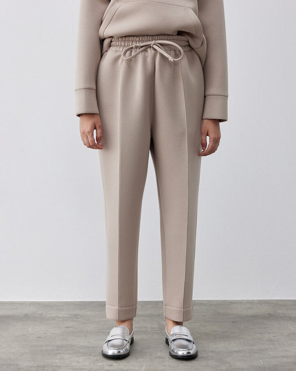 Doubleface Puffed Elastic Waist Joggers with Pockets - Beige