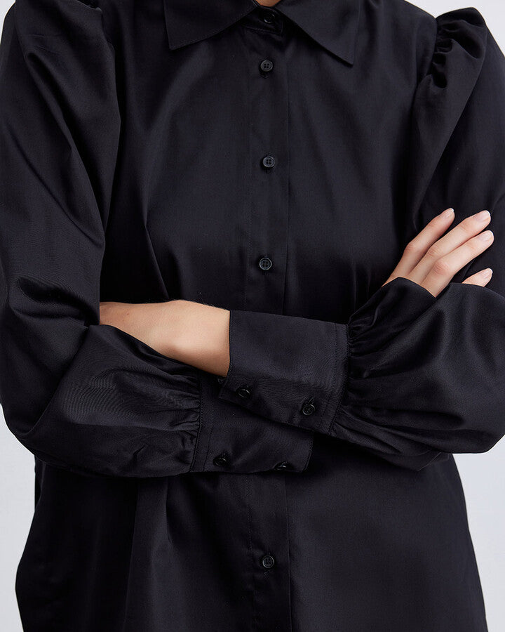 Black Cotton Satin Shoulder Gathered Chic Shirt