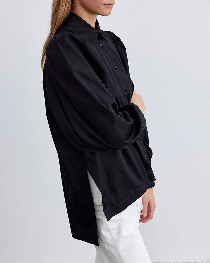 Black Cotton Satin Shoulder Gathered Chic Shirt