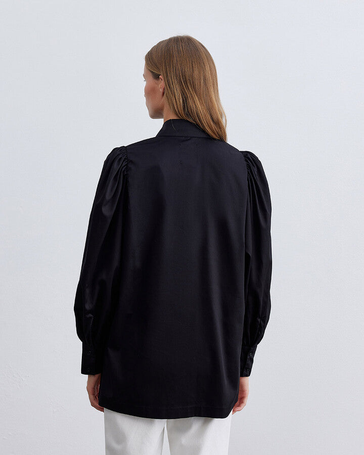 Black Cotton Satin Shoulder Gathered Chic Shirt