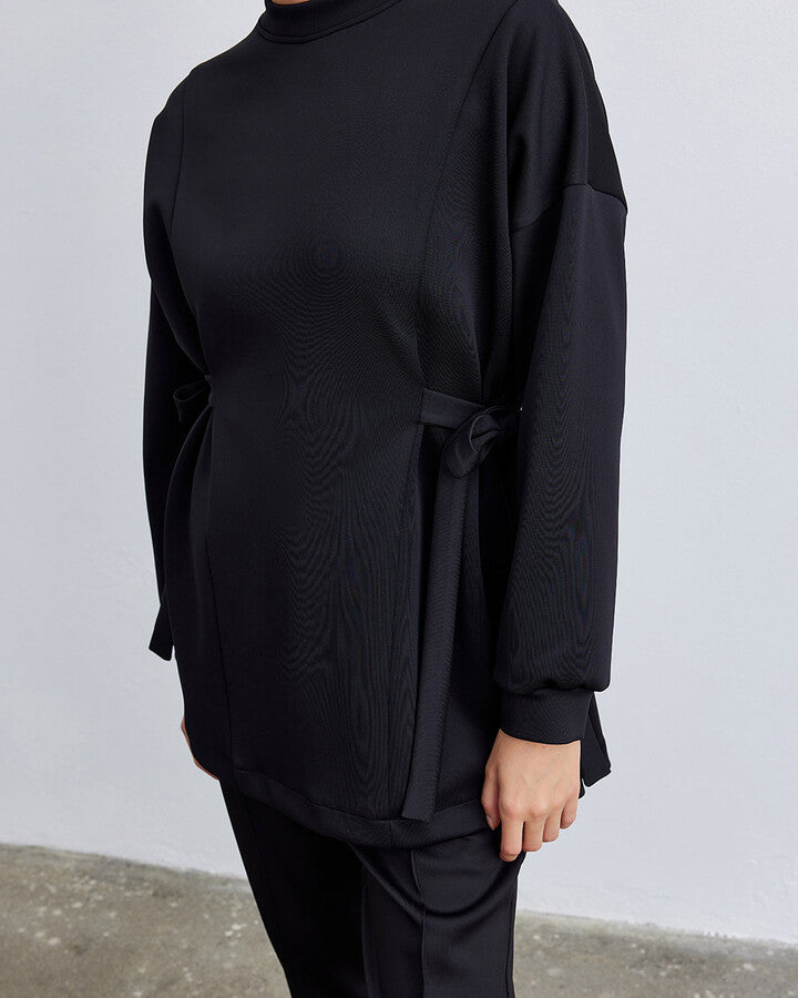 Black Scuba Side Tie Belt Tunic