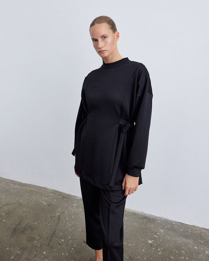 Black Scuba Side Tie Belt Tunic